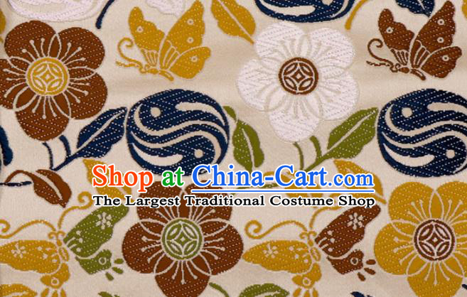 Japanese Traditional Butterfly Plum Pattern Design Brocade Nishijin Tapestry Satin Asian Kimono Beige Cloth Fabric