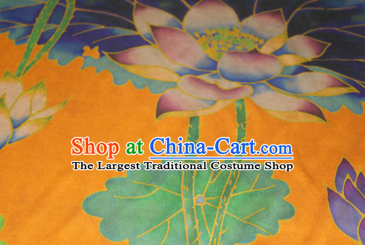 Chinese Classical Lotus Pattern Yellow Silk Drapery Traditional Gambiered Guangdong Gauze Cheongsam Satin Fabric