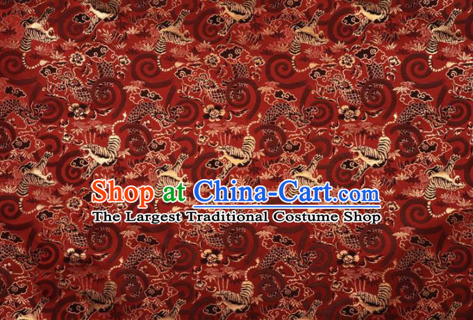 Asian Japanese Nishijin Tapestry Satin Kimono Cloth Fabric Traditional Dragon Tiger Pattern Design Red Brocade