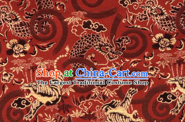 Asian Japanese Nishijin Tapestry Satin Kimono Cloth Fabric Traditional Dragon Tiger Pattern Design Red Brocade