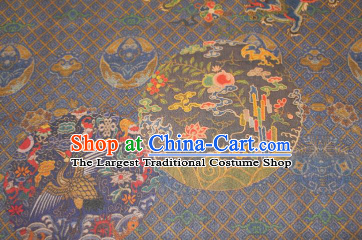 Chinese Classical Crane Pattern Silk Drapery Traditional Gambiered Guangdong Gauze Cheongsam Navy Satin Fabric