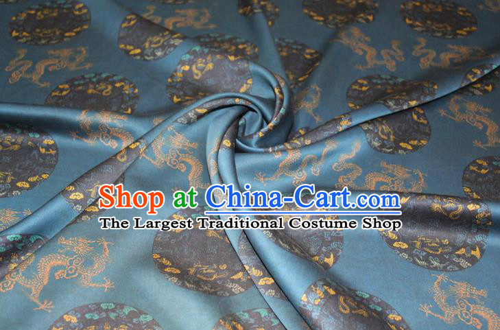 Chinese Classical Round Dragon Pattern Silk Drapery Traditional Gambiered Guangdong Gauze Cheongsam Blue Satin Fabric