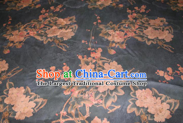 Chinese Classical Plum Peony Pattern Silk Drapery Traditional Gambiered Guangdong Gauze Cheongsam Black Satin Fabric