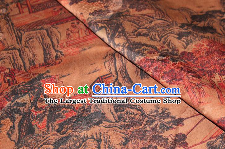 Chinese Classical Landscape Pattern Silk Drapery Traditional Gambiered Guangdong Gauze Cheongsam Ginger Satin Fabric