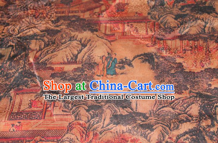 Chinese Classical Landscape Pattern Silk Drapery Traditional Gambiered Guangdong Gauze Cheongsam Ginger Satin Fabric