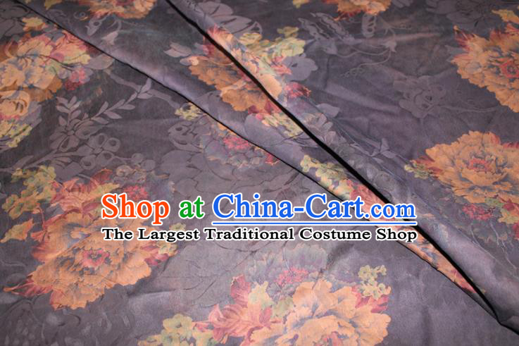 Chinese Classical Peony Pattern Silk Drapery Traditional Gambiered Guangdong Gauze Cheongsam Black Satin Fabric