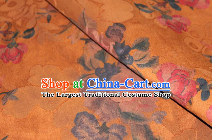 Chinese Classical Crane Peony Pattern Silk Drapery Traditional Gambiered Guangdong Gauze Cheongsam Yellow Satin Fabric