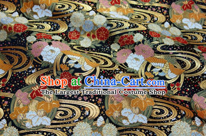 Asian Traditional Sakura Pattern Design Black Brocade Japanese Kimono Cloth Fabric Nishijin Tapestry Satin