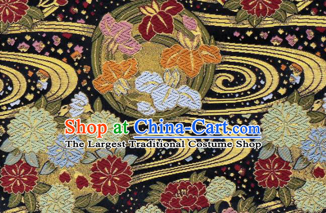 Asian Traditional Sakura Pattern Design Black Brocade Japanese Kimono Cloth Fabric Nishijin Tapestry Satin