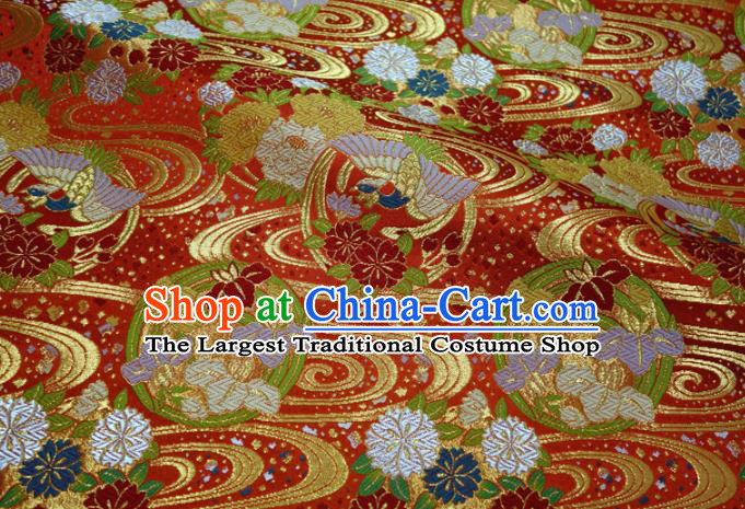 Asian Nishijin Tapestry Satin Traditional Sakura Phoenix Pattern Design Red Brocade Japanese Kimono Cloth Fabric