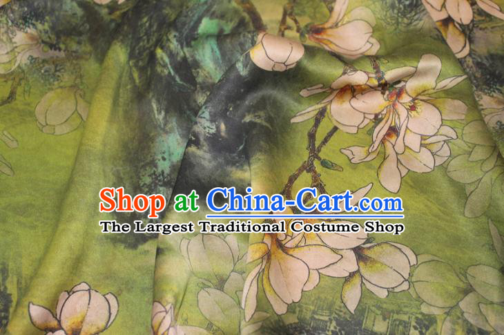 Chinese Cheongsam Green Satin Fabric Traditional Ginger Gambiered Guangdong Gauze Classical Mangnolia Pattern Silk Drapery