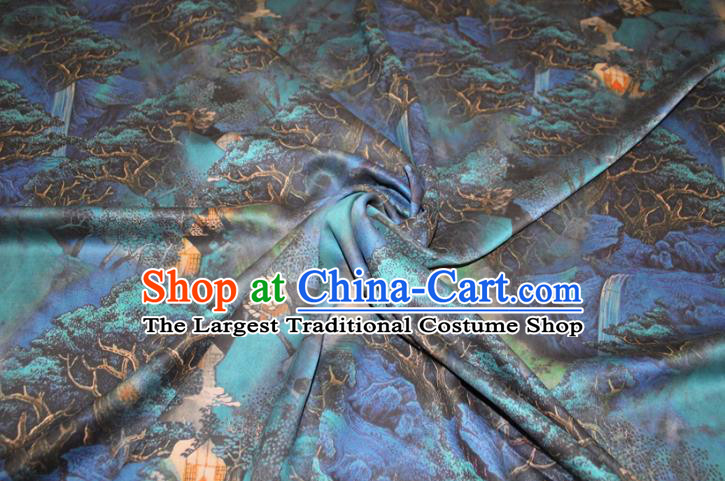 Chinese Cheongsam Blue Satin Fabric Traditional Ginger Gambiered Guangdong Gauze Classical Pinewood Pattern Silk Drapery
