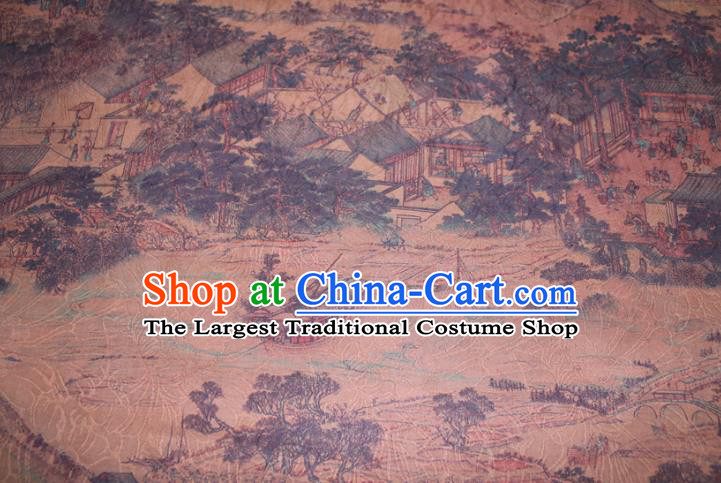 Chinese Cheongsam Ginger Satin Fabric Traditional Ginger Gambiered Guangdong Gauze Classical Scenery Pattern Silk Drapery