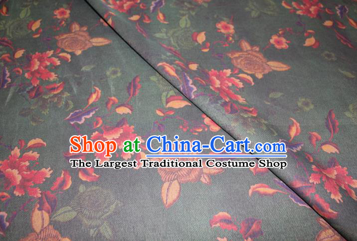 Chinese Cheongsam Deep Green Satin Fabric Traditional Ginger Gambiered Guangdong Gauze Classical Rose Pattern Silk Drapery