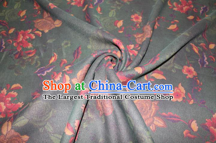 Chinese Cheongsam Deep Green Satin Fabric Traditional Ginger Gambiered Guangdong Gauze Classical Rose Pattern Silk Drapery