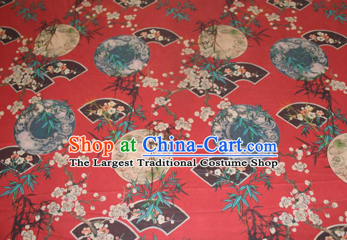 Chinese Cheongsam Red Satin Fabric Traditional Ginger Gambiered Guangdong Gauze Classical Plum Bamboo Fan Pattern Silk Drapery