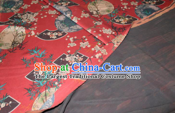 Chinese Cheongsam Red Satin Fabric Traditional Ginger Gambiered Guangdong Gauze Classical Plum Bamboo Fan Pattern Silk Drapery