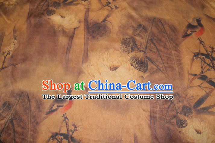 Chinese Cheongsam Ginger Satin Fabric Traditional Ginger Gambiered Guangdong Gauze Classical Lotus Birds Pattern Silk Drapery