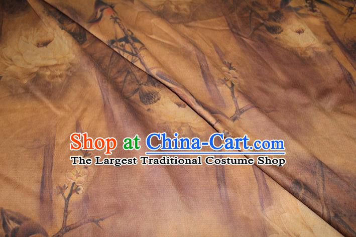 Chinese Cheongsam Ginger Satin Fabric Traditional Ginger Gambiered Guangdong Gauze Classical Lotus Birds Pattern Silk Drapery