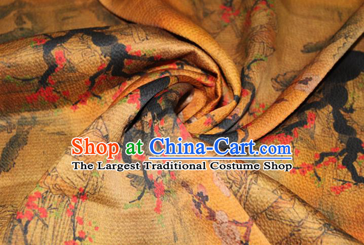 Chinese Cheongsam Yellow Satin Fabric Traditional Ginger Gambiered Guangdong Gauze Classical Crane Plum Beauty Pattern Silk Drapery