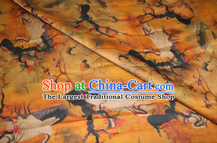 Chinese Cheongsam Yellow Satin Fabric Traditional Ginger Gambiered Guangdong Gauze Classical Crane Plum Beauty Pattern Silk Drapery