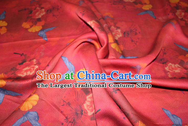 Chinese Traditional Red Gambiered Guangdong Gauze Cheongsam Satin Fabric Classical Ginkgo Leaf Butterfly Pattern Silk Drapery