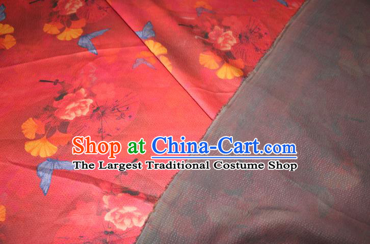 Chinese Traditional Red Gambiered Guangdong Gauze Cheongsam Satin Fabric Classical Ginkgo Leaf Butterfly Pattern Silk Drapery