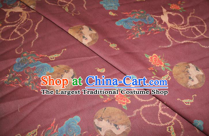 Chinese Traditional Wine Red Gambiered Guangdong Gauze Cheongsam Satin Fabric Classical Cloud Crane Pattern Silk Drapery