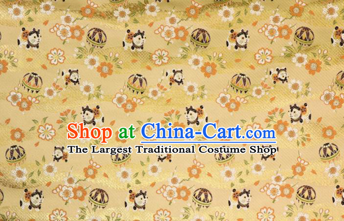 Asian Japanese Traditional Dog Pattern Design Yellow Brocade Kimono Fabric Nishijin Tapestry Satin