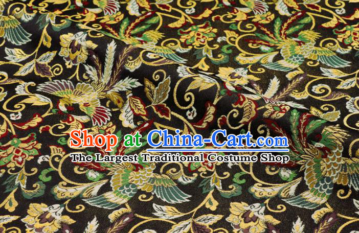 Asian Kimono Cloth Fabric Japanese Nishijin Tapestry Satin Traditional Phoenix Pattern Design Black Brocade