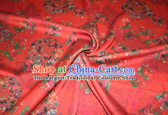 Chinese Traditional Red Gambiered Guangdong Gauze Cheongsam Satin Fabric Classical Flowers Pattern Silk Drapery