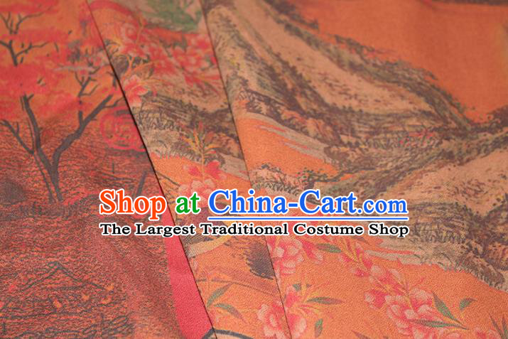 Chinese Cheongsam Orange Satin Fabric Traditional Gambiered Guangdong Gauze Classical Peach Blossom Fan Pattern Silk Drapery