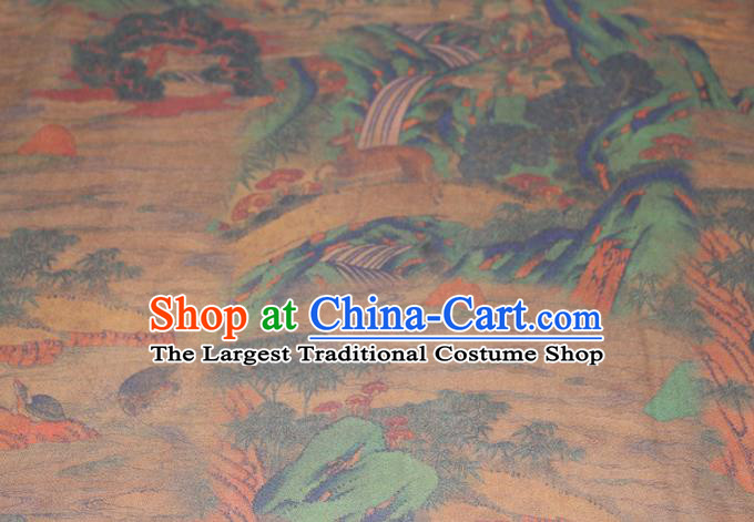 Chinese Cheongsam Ginger Satin Fabric Traditional Gambiered Guangdong Gauze Classical Landscape Pattern Silk Drapery