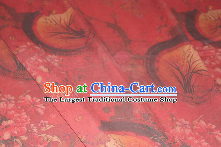 Chinese Cheongsam Satin Fabric Traditional Gambiered Guangdong Gauze Classical Orchids Peony Pattern Red Silk Drapery