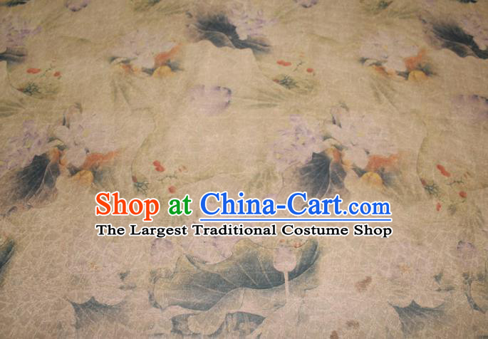 Chinese Cheongsam Beige Satin Fabric Traditional Gambiered Guangdong Gauze Classical Lotus Pattern Silk Drapery