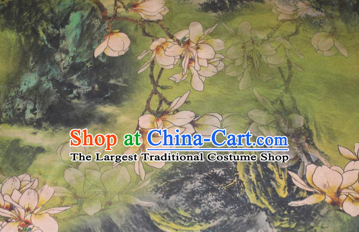 Chinese Cheongsam Green Satin Fabric Traditional Ginger Gambiered Guangdong Gauze Classical Mangnolia Pattern Silk Drapery