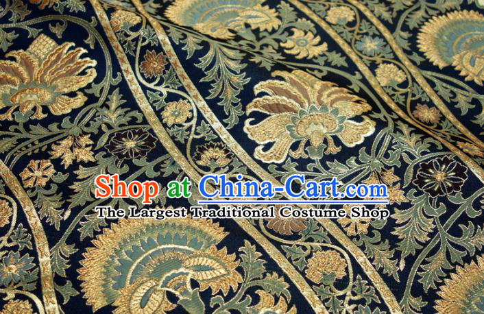 Asian Japanese Nishijin Tapestry Satin Traditional Flowers Pattern Design Navy Brocade Kimono Fabric