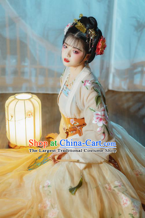 Ancient China Imperial Consort Costumes Traditional Tang Dynasty Palace Lady Yellow Hanfu Dress Embroidered Clothing Complete Set