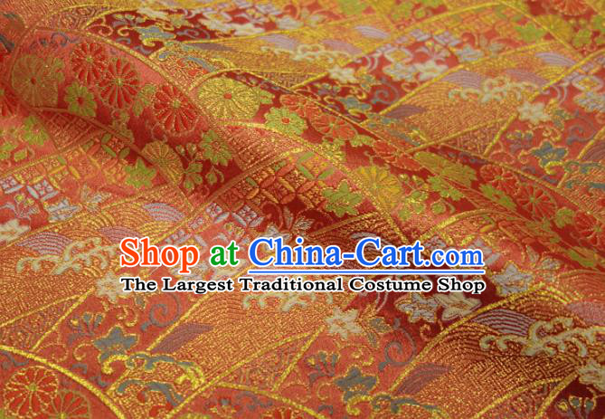 Asian Japanese Nishijin Red Tapestry Satin Traditional Chrysanthemum Pattern Design Brocade Kimono Fabric