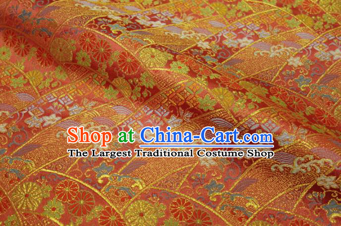 Asian Japanese Nishijin Red Tapestry Satin Traditional Chrysanthemum Pattern Design Brocade Kimono Fabric