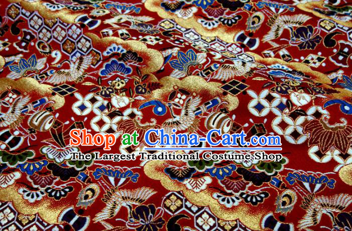 Asian Japanese Nishijin Tapestry Satin Kimono Fabric Traditional Crane Pattern Design Red Brocade