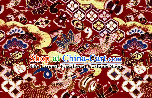 Asian Japanese Nishijin Tapestry Satin Kimono Fabric Traditional Crane Pattern Design Red Brocade