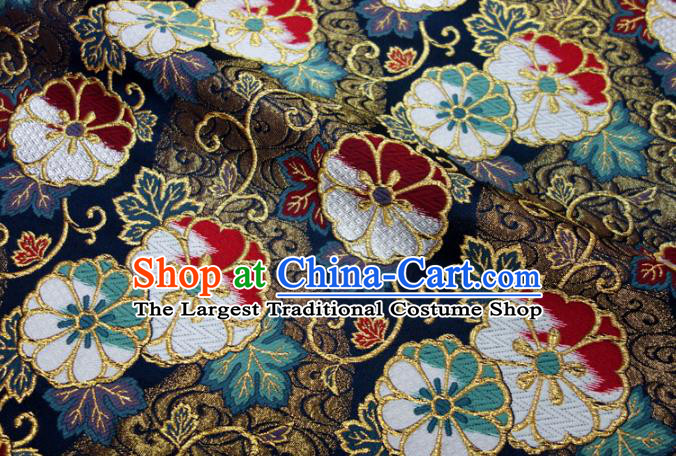 Asian Traditional Sakura Pattern Design Brocade Kimono Cloth Fabric Japanese Navy Nishijin Tapestry Satin