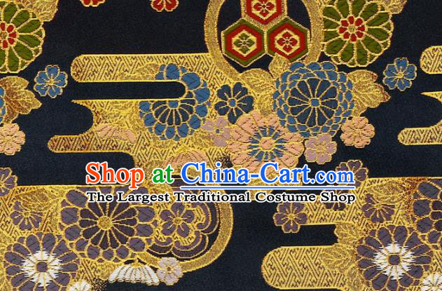 Asian Kimono Cloth Fabric Traditional Chrysanthemum Pattern Design Black Brocade Japanese Nishijin Tapestry Satin