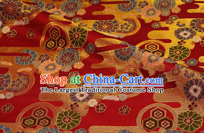 Asian Traditional Chrysanthemum Pattern Design Red Brocade Japanese Kimono Cloth Fabric Nishijin Tapestry Satin