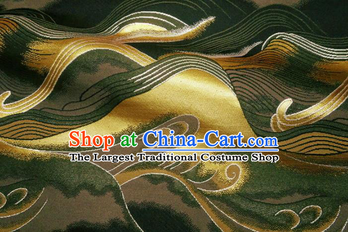 Asian Traditional Wave Pattern Design Brocade Japanese Kimono Nishijin Tapestry Satin Black Cloth Fabric