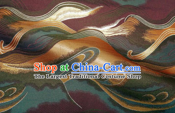 Asian Purple Cloth Fabric Traditional Wave Pattern Design Brocade Japanese Kimono Nishijin Tapestry Satin