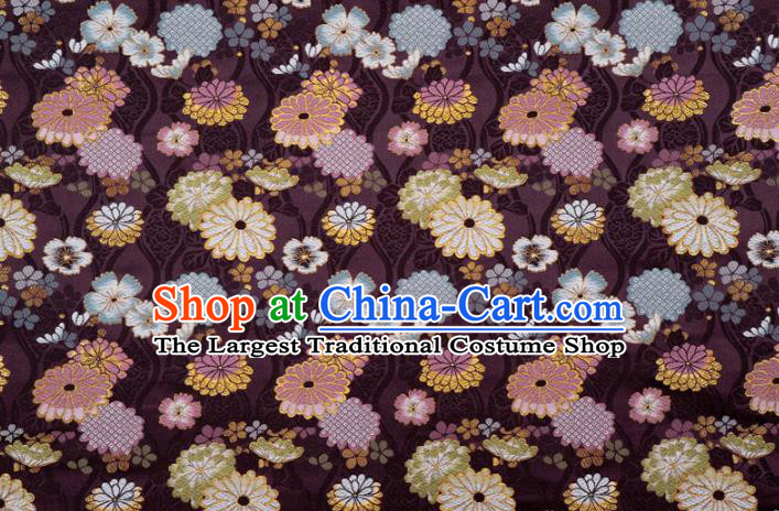 Asian Traditional Chrysanthemum Pattern Design Brocade Japanese Cloth Kimono Purple Damask Nishijin Tapestry Satin Fabric