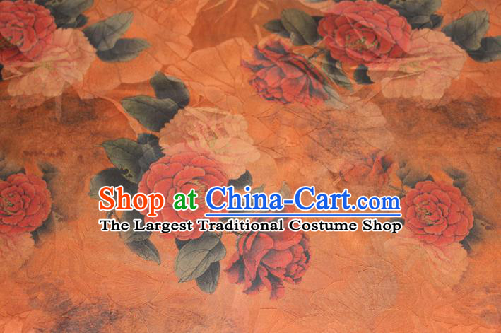 Chinese Traditional Cheongsam Gambiered Guangdong Gauze Silk Fabric Classical Peony Pattern Orange Silk Drapery
