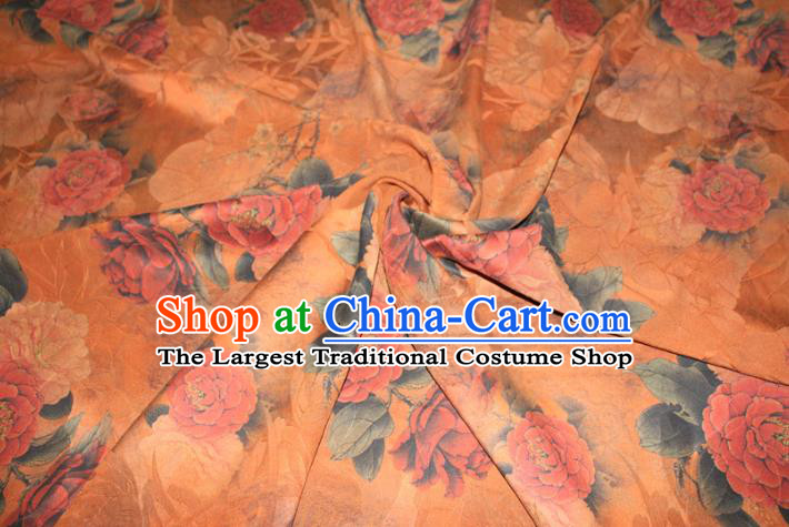 Chinese Traditional Cheongsam Gambiered Guangdong Gauze Silk Fabric Classical Peony Pattern Orange Silk Drapery